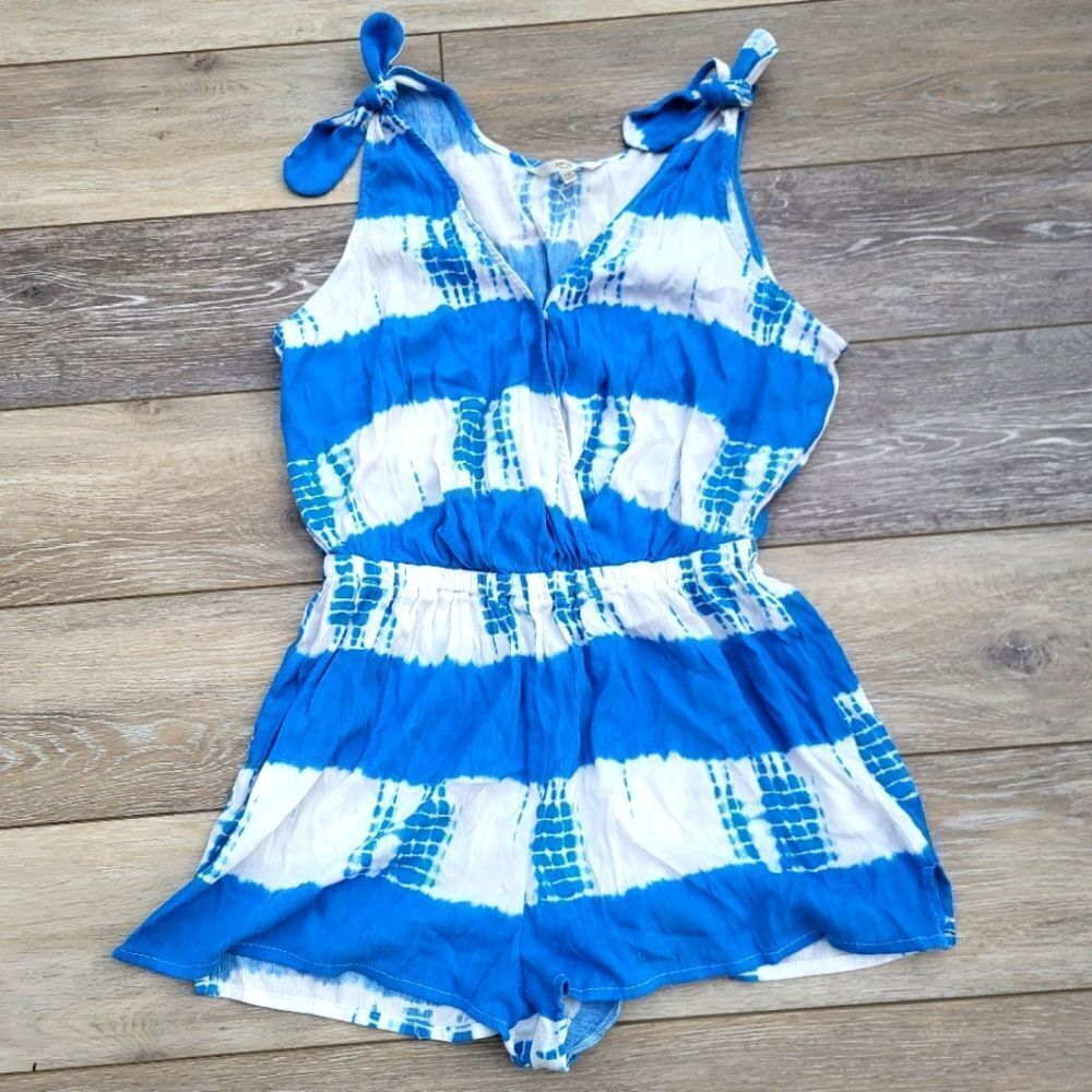 Hawaiian Tropic beach coverup romper blue and white striped with a tie dye look